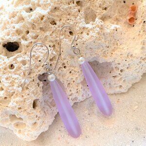Purple Sea Glass Dangle Earrings with Pearls Womens Girls Beach Jewelry Gifts